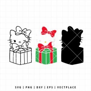 Hello Kitty peeking out of a green and red Christmas gift box with a red bow.