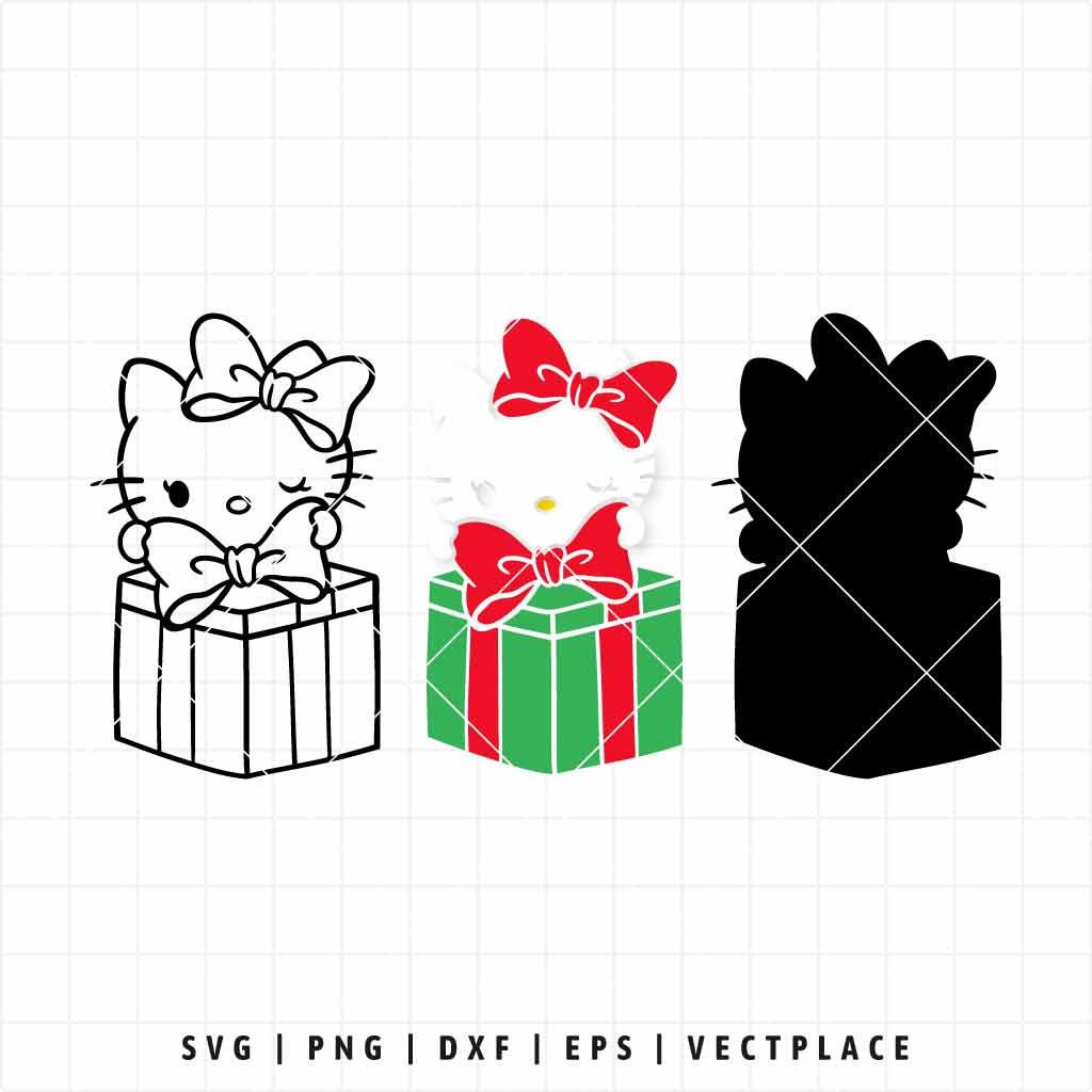 Hello Kitty peeking out of a green and red Christmas gift box with a red bow.