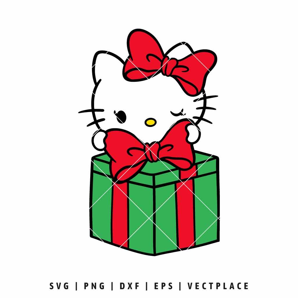 Hello Kitty peeking out of a green and red Christmas gift box with a red bow.