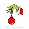 Classic Christmas image of the Grinch's green hand wearing a red sleeve and white cuff, holding a shiny red ornament.