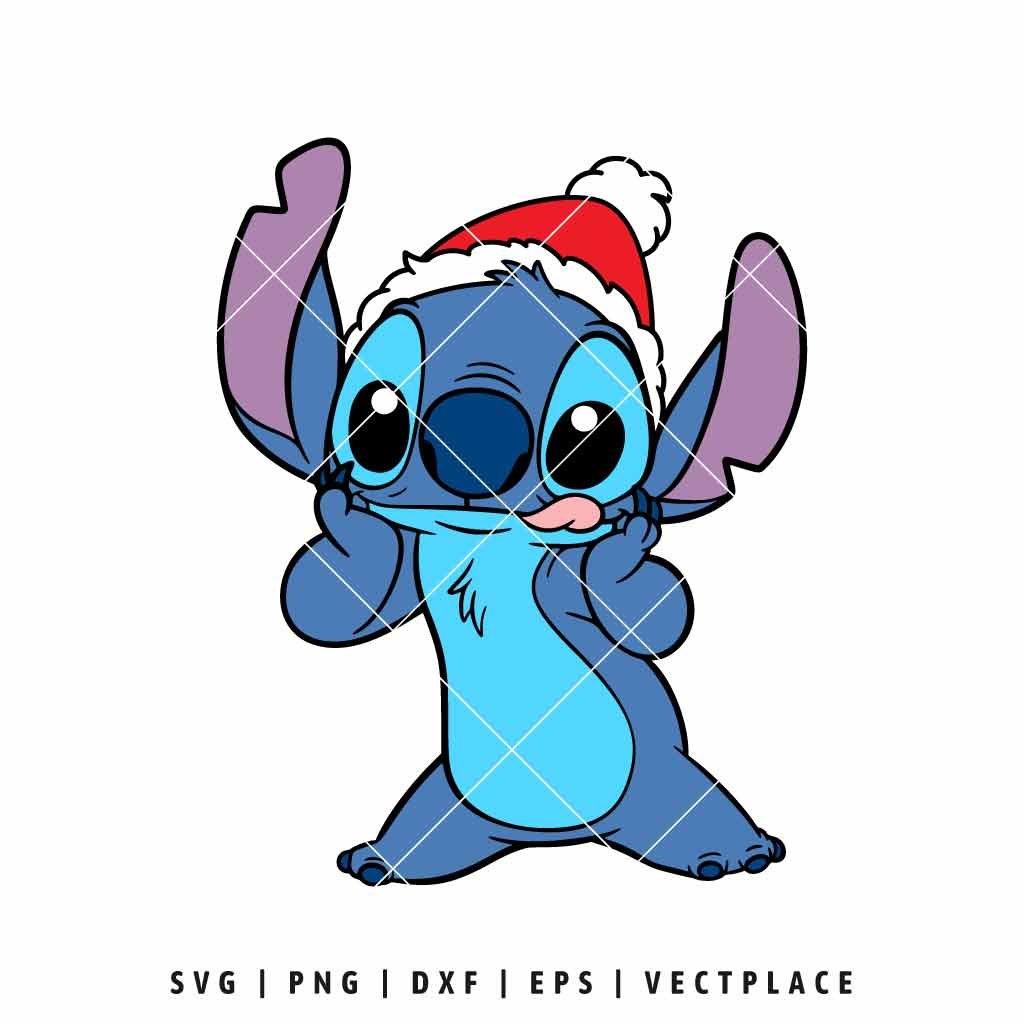 Stitch character from Lilo and Stitch wearing a Christmas Santa hat. Digital SVG and PNG file.