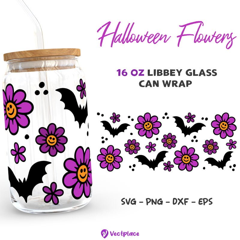 Halloween Flowers Bats Svg for Libbey 16oz Can Glass