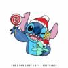 Cartoon illustration of the Disney character Stitch, wearing a red and white Santa hat, holding a swirl lollipop and hugging a small light green plush doll, also with a tiny Santa hat. Stitch is smiling broadly with an open mouth, showing his tongue, and winking. The design is colorful and features black outlines, suitable for Christmas or holiday crafts.