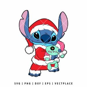 Stitch character dressed as Santa Claus holding the Scrump doll.