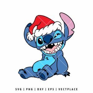 Stitch character sitting down and laughing excitedly while wearing a red and white Santa hat.