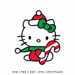 Hello Kitty wearing a Santa hat and scarf, holding a large red and white candy cane.