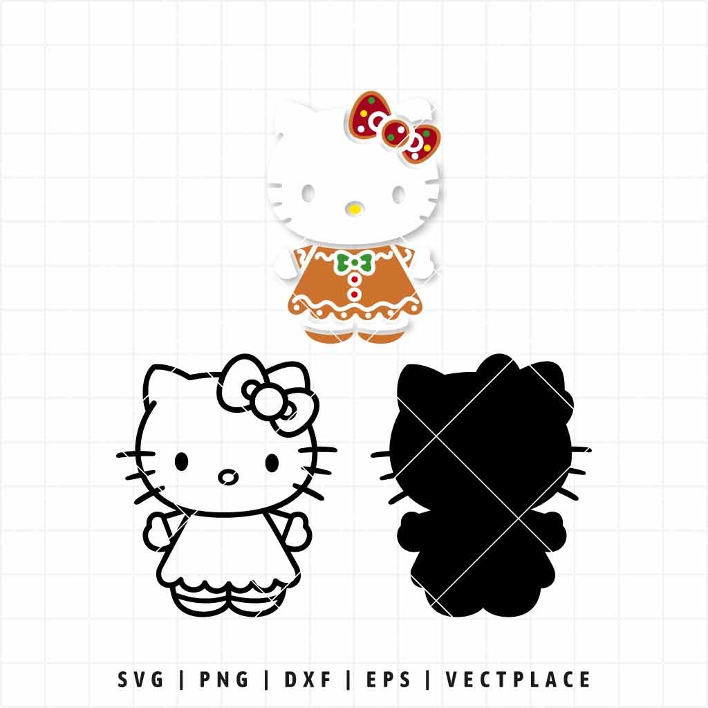 Hello Kitty dressed as a gingerbread cookie with icing details and a gingerbread bow.