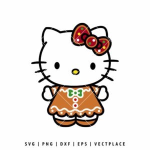 Hello Kitty dressed as a gingerbread cookie with icing details and a gingerbread bow.
