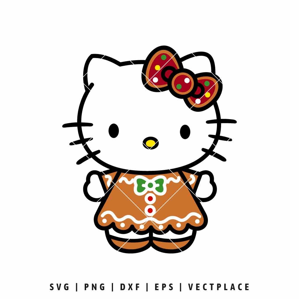 Hello Kitty dressed as a gingerbread cookie with icing details and a gingerbread bow.