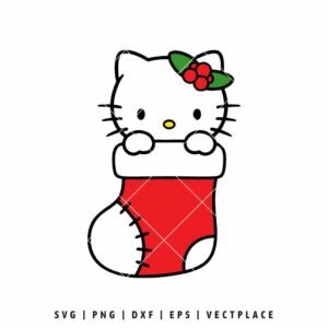 Hello Kitty peeking out of a red Christmas stocking, wearing holly in her hair.