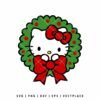 Hello Kitty's face surrounded by a green Christmas wreath decorated with red berries and a large red bow.