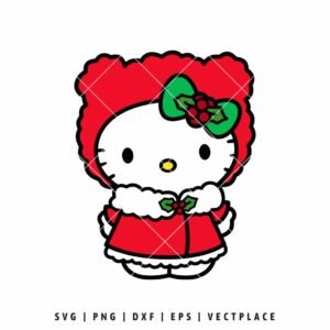 Cute cat character (Hello Kitty) illustration wearing a red, fuzzy coat with holly accents on the collar and a green bow for Christmas.