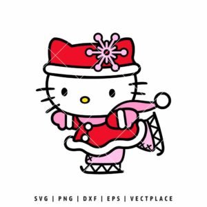 Cute cat character (Hello Kitty) illustration wearing a red and pink winter outfit, a snowflake hat, and an ice skate.