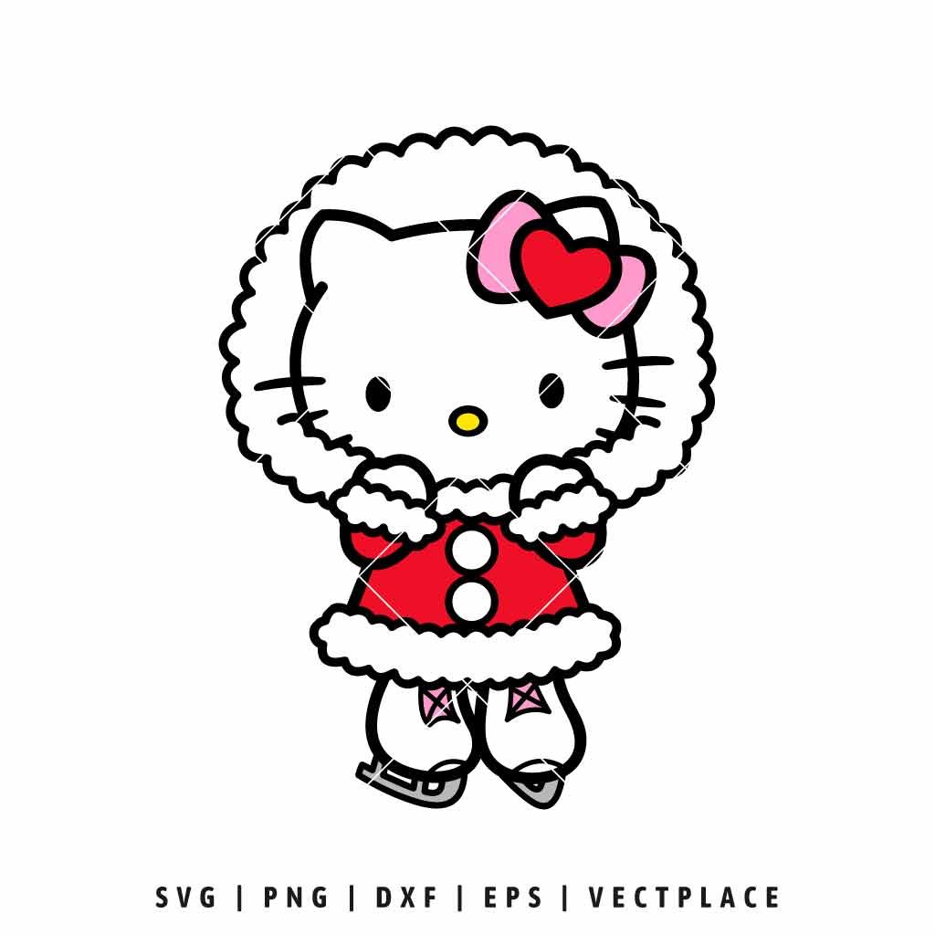 Cute cat character (Hello Kitty) illustration in a red coat with white fuzzy trim, wearing ice skates, and an oversized pink bow with a red heart.