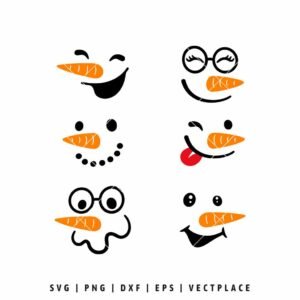 Bundle of 6 different snowman faces with various funny expressions, carrot noses, and coal eyes.