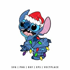 Disney character Stitch wearing a Santa hat and tangled up in colorful Christmas string lights.