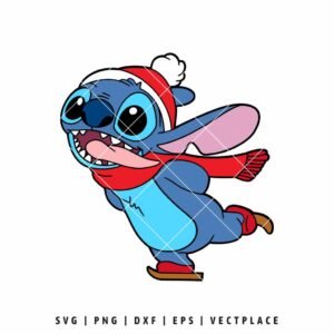 Stitch character wearing a red winter hat and scarf, happily ice skating.
