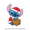 Stitch character dressed as Santa Claus, sitting and holding a large chocolate chip cookie.