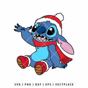 Disney character Stitch wearing a red Santa hat, scarf, and boots, sitting and happily waving for Christmas.