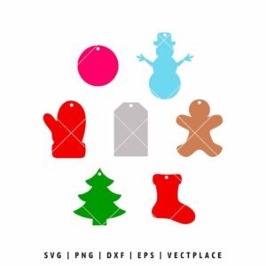 Set of 7 colorful Christmas SVG shapes: a red circle, blue snowman, red mitten, gray tag, brown gingerbread man, green Christmas tree, and red stocking, designed for gift tags or ornaments.
