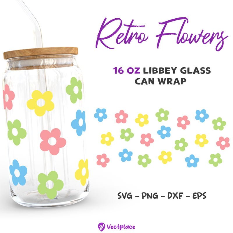 Retro Flowers Svg for Libbey 16oz Can Glass