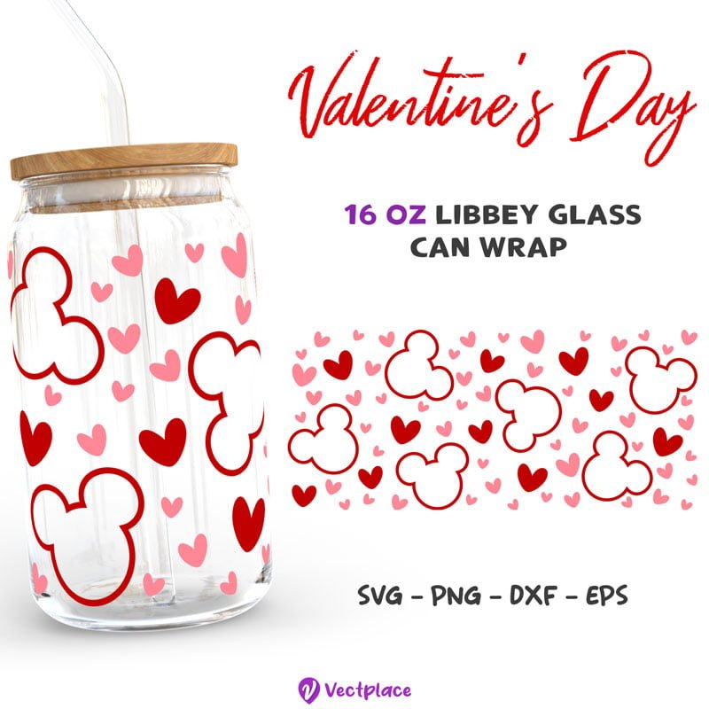 Valentine's Day Mickey Mouse Svg for Libbey 16oz Can Glass
