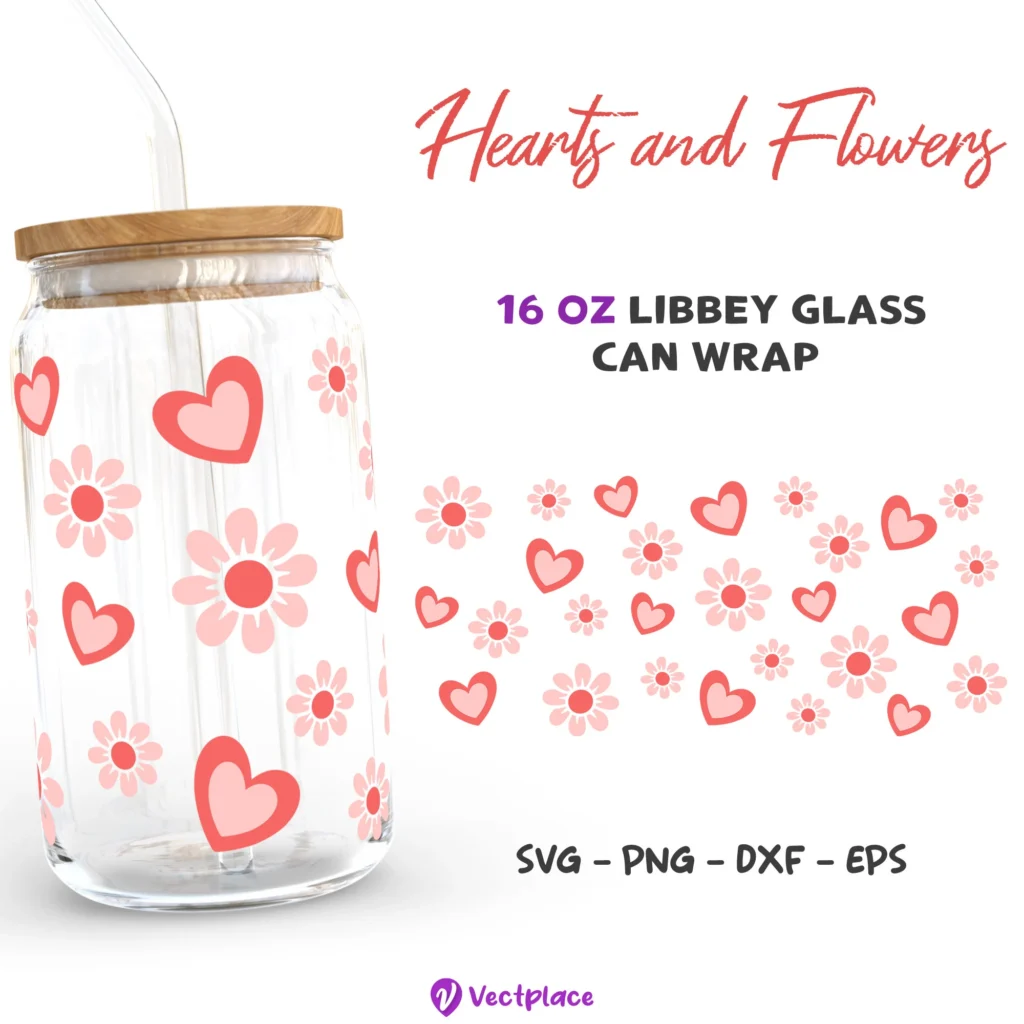 Hearts and Flowers Valentine's Day Svg for Libbey 16oz Can Glass