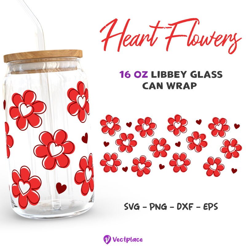 Heart Flowers Svg, Valentine's Day Svg for Libbey 16oz Can Glass