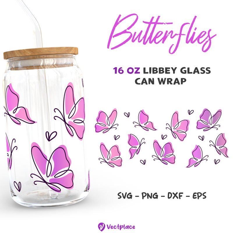Butterflies Line Svg for Libbey 16oz Can Glass
