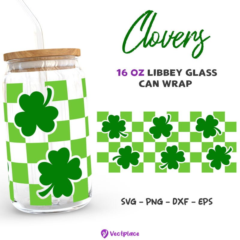 Checkered Clovers Svg, Patrick's Day Svg for Libbey 16oz Can Glass