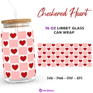 Checkered Heart Valentine's Day Svg for Libbey 16oz Can Glass