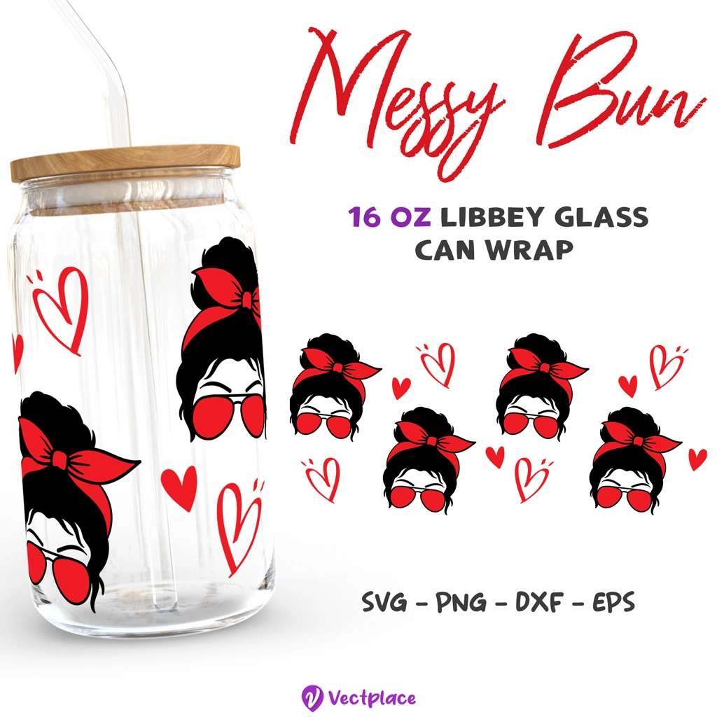 Messy Bun Momlife Svg for Libbey 16oz Can Glass
