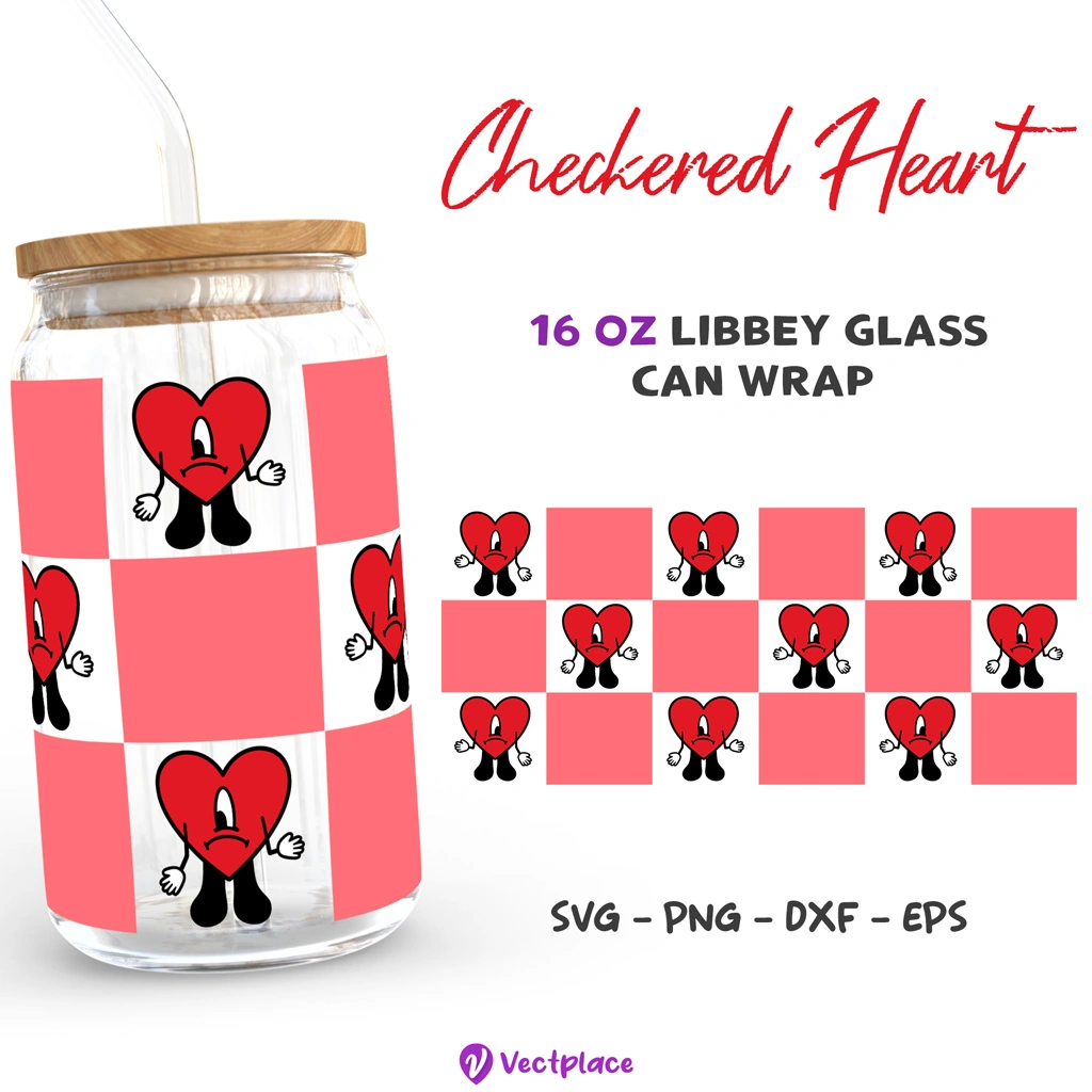 Checkered Heart Bad Bunny Svg for Libbey 16oz Can Glass