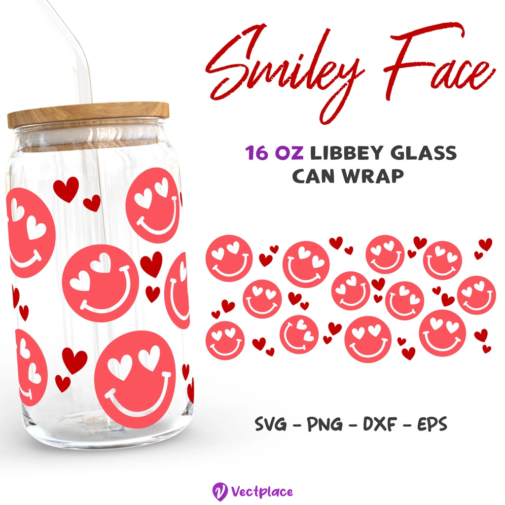 Love Smiley Face Valentine's Day Svg for Libbey 16oz Can Glass