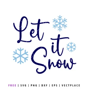"Let it Snow" quote in blue script font surrounded by light blue snowflakes, for a winter holiday design.