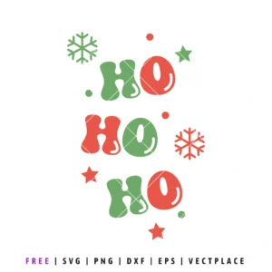 "HO HO HO" quote in red and green groovy bubble letters with snowflakes and stars for Christmas.