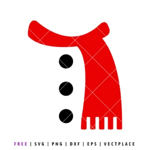 Simple illustration of a red winter scarf and three black buttons, representing a snowman's body.