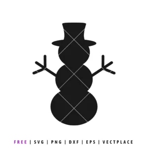 Simple black silhouette of a snowman wearing a top hat with stick arms.
