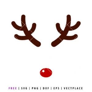 Cute minimalist reindeer face with brown antlers and a red nose, simple Rudolph Christmas design perfect for festive shirts, mugs, and holiday crafts.