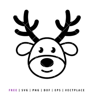 Black outline of a cute reindeer head with antlers, for a simple Christmas design.