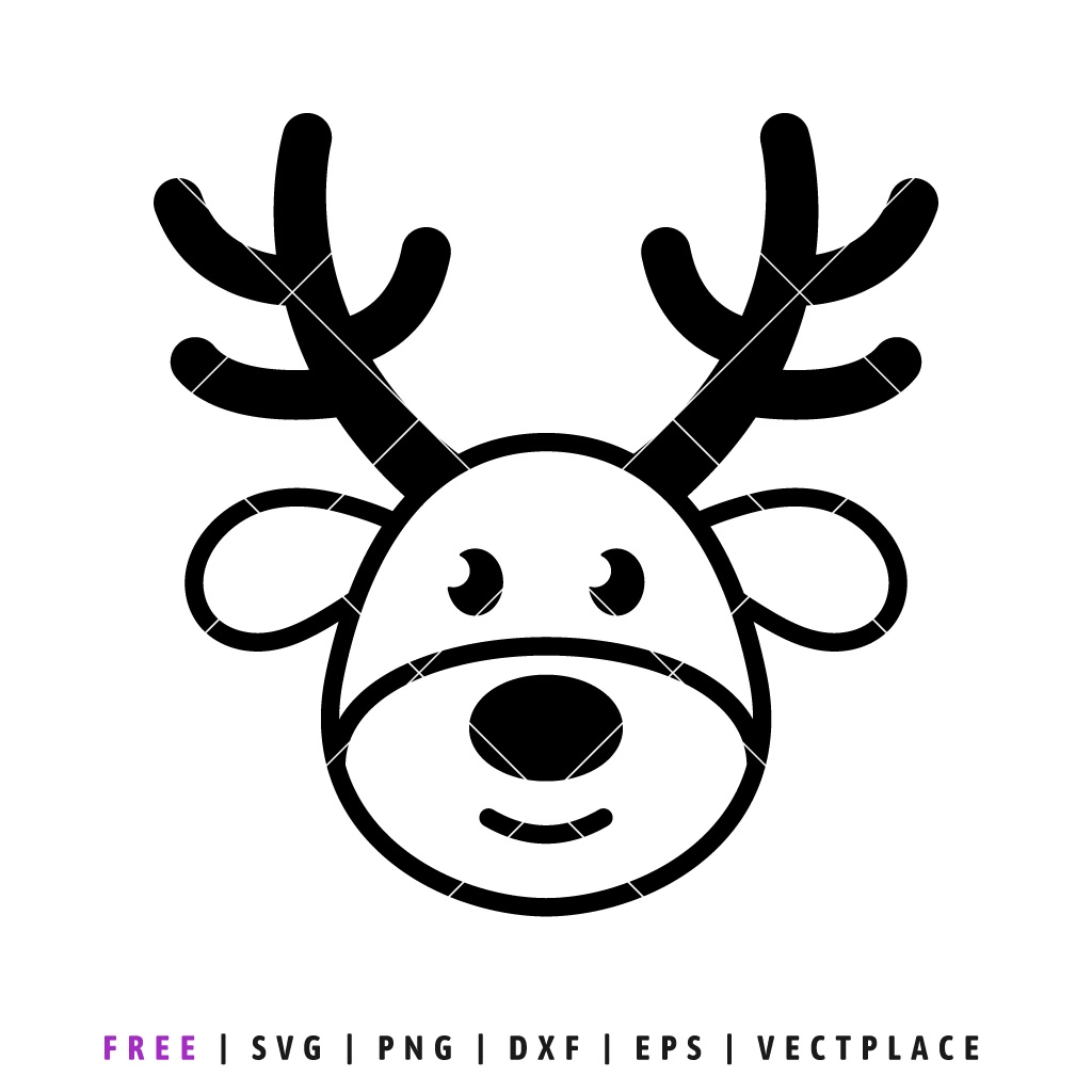 Black outline of a cute reindeer head with antlers, for a simple Christmas design.