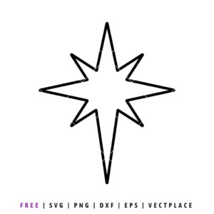 Black outline of a star with eight points, often used as a Christmas or Nativity star.