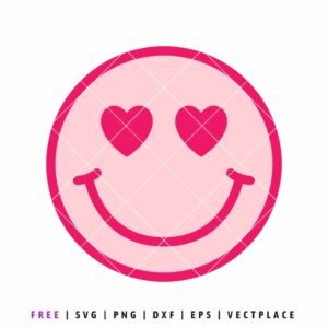 Free heart eye smiley face SVG with pink retro smiley and heart eyes, Valentine’s Day design for Cricut and Silhouette crafts