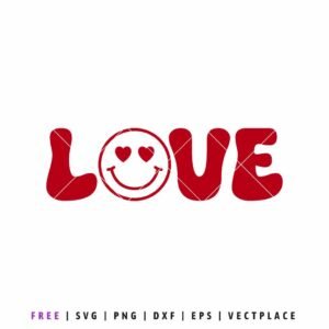 Free retro love smiley face SVG with heart eyes, bold red lettering for Valentine’s Day Cricut and Silhouette crafts.