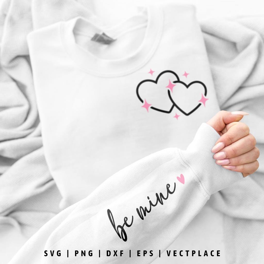Be Mine SVG with hearts, romantic Valentine’s Day design shown on white sweatshirt mockup