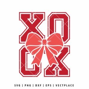XOXO bow SVG Valentine design with bold red letters and a cute bow, perfect for t-shirts and crafts