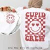 Cupid Crew SVG Valentine’s Day t-shirt design with retro smiley face and heart eyes, perfect for matching Valentine shirts and festive apparel crafts.