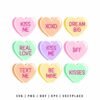 Conversation hearts SVG with pastel candy heart messages for Valentine’s Day Cricut and Silhouette crafts