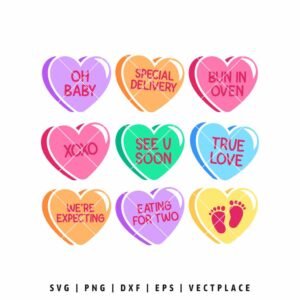 Candy hearts pregnancy Valentine SVG with pastel conversation hearts and baby announcement phrases for Cricut projects