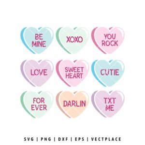 Conversation hearts Valentine SVG with pastel candy heart designs and romantic phrases, perfect for Cricut and Valentine’s Day crafts